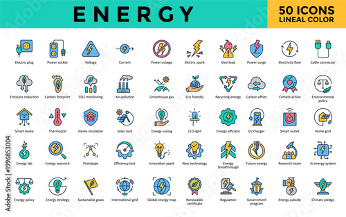 Energy icons set with electric plug, power socket, voltage, regulation, energy saving icon. Simple lineal color vector. Editable stroke. 
