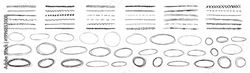 Black pen strokes circle underline shapes with hand drawn doodle arrow elements. Rough doodles encircle important notes using strike accents. Vector kit bundle highlight text.