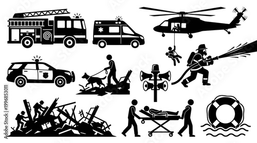 Emergency and Rescue Services Black White Glyphs Set with Vehicles, Personnel, Equipment