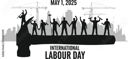 Adobe Illustrator Artwork,Workers on hammer silhouette with cityscape background