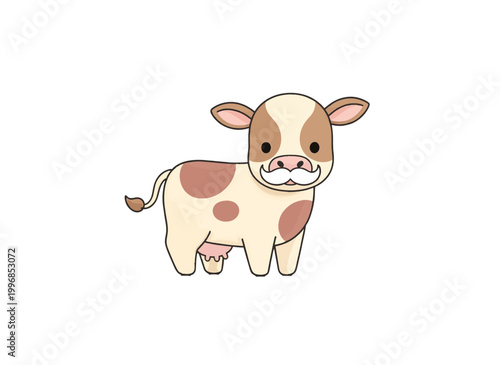Calf with a milk mustache flat vector illustration. Funny dairy farm animal concept. Isolated graphic element in pastel colors