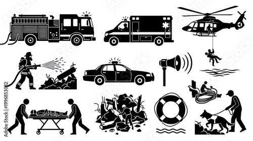 Emergency  Disaster Response Rescue Team Services Glyph Pictogram Icons Set Black White
