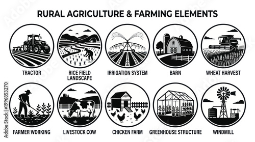 Rural Agriculture  Farming Elements - Black  White Vector Icons Set