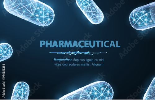 Pills. Abstract polygonal wireframe falling capsule pills on blue. Medical, pharmacy, health, vitamin, antibiotic, pharmaceutical, treatment concept illustration or background