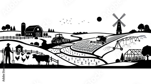 Rural Agricultural Farm Landscape Black  White Silhouette Vector Illustration