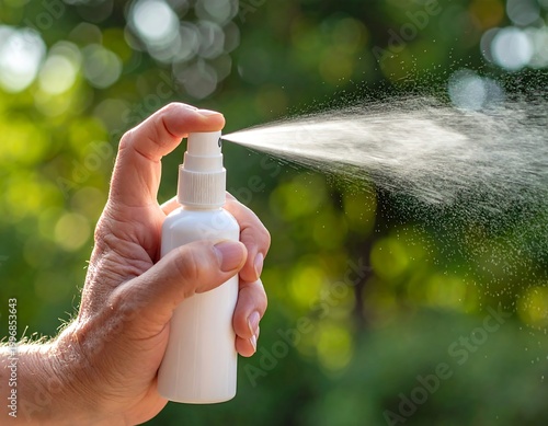 Close-up of a hand spraying a white bottle, creating a fine mist against a blurred green background. Focus on the spray's trajectory