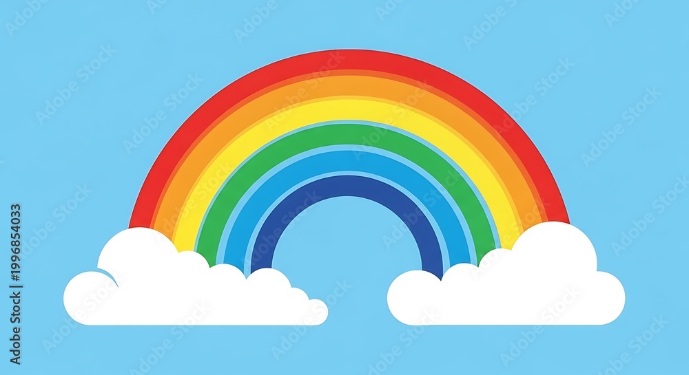Fototapeta premium Bright rainbow arc with fluffy white clouds against a clear blue sky background