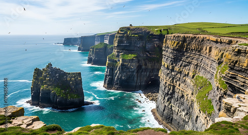 The rugged cliffs of Moher stand tall against the crashing waves of the Atlantic Ocean on a sunny day.
