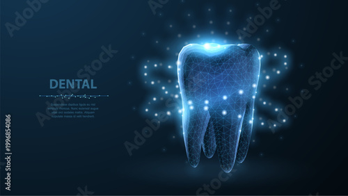 Tooth. Abstract low poly shine bright tooth illustration. Blue background and stars. Dental care, dentist clinic, stomatology medicine concept. Dentist white toothpaste, teeth freshness symbol.