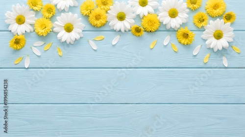 Spring Flowers Flat Lay on Light Blue Wooden Background with Copy Space