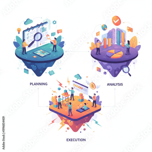 Project Management Cycle Planning Analysis Execution Isometric Vector Illustration