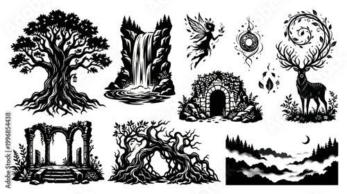 Black and White Vector Fantasy Elements: Tree, Waterfall, Fairy, Deer, Ruins