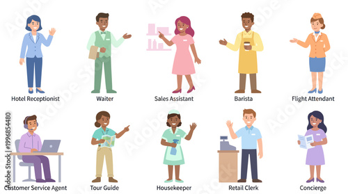 Flat Vector Set of Service Industry Professionals in Various Roles
