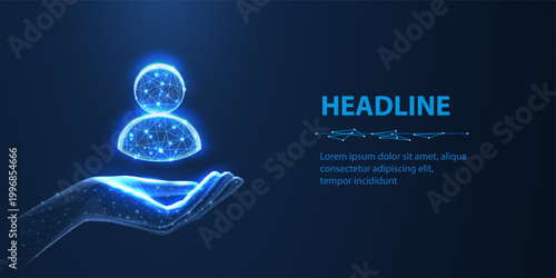 Customer support. Client icon on hand isolated on blue. All inclusive customer care, client servise, employee retention, human resourse, quality client assistance, consumer protect, user help concept