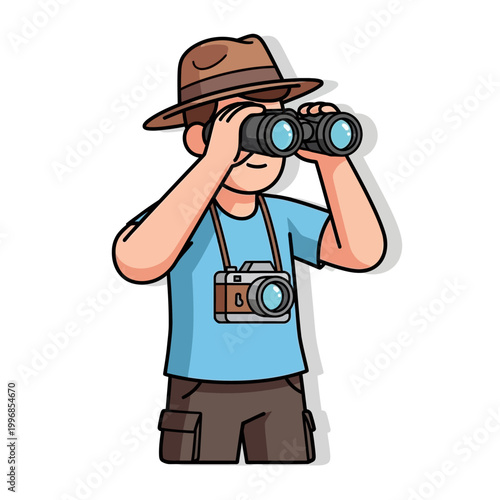 Cartoon Man Looking Through Binoculars, Explorer, Tourist, Observation