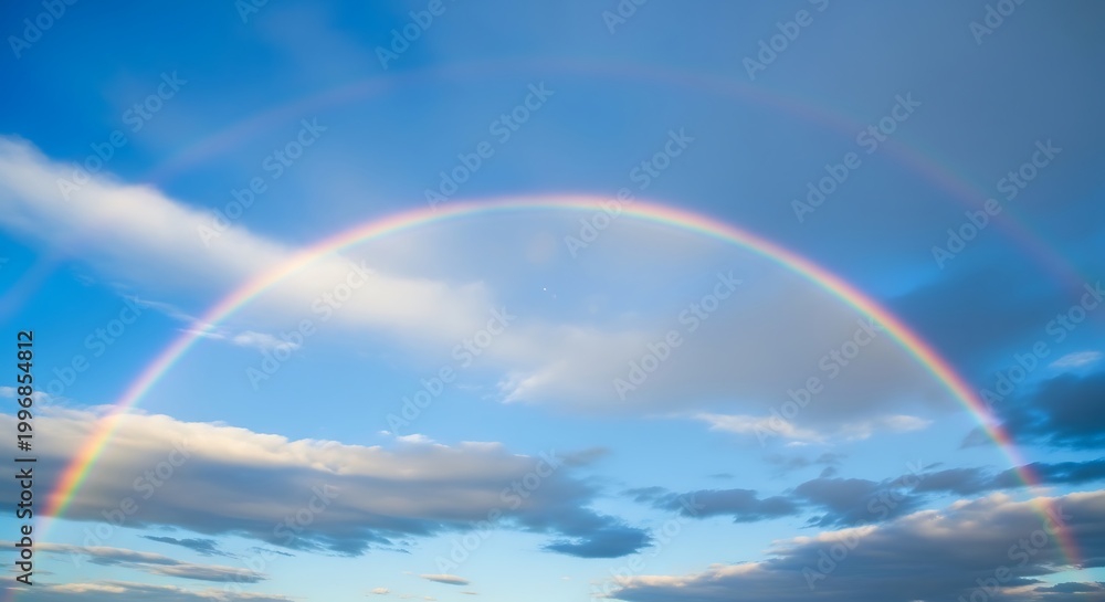 Fototapeta premium Vibrant Double Rainbow Arcing Across a Cloudy Blue Sky, a Phenomenal Natural Spectacle
