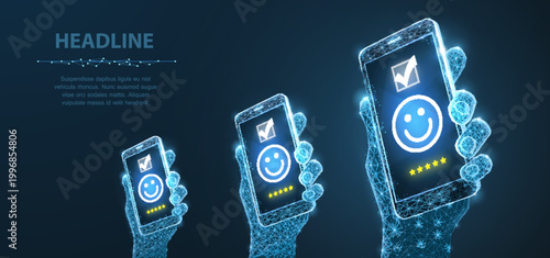 Feedback. Positive, customer feedback or review with happy smile face icon on phone.