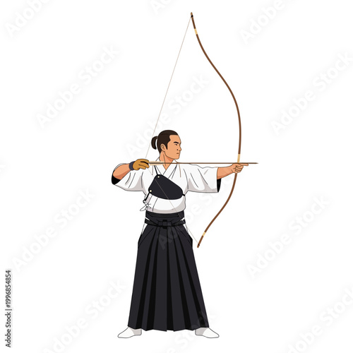 Japanese Kyudo Archer Drawing Traditional Bow and Arrow, Martial Arts Practice Illustration