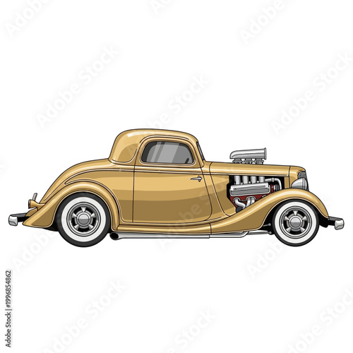 Golden Hot Rod Classic Car with Exposed Engine Side View