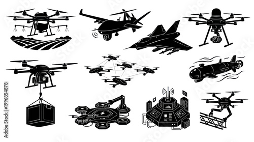 Autonomous Systems, Robotics  AI Technology Black and White Glyph Icons Set