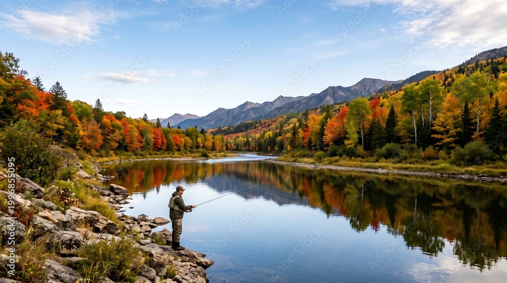 Naklejka premium Man fishing on rocky lake shore surrounded by autumn trees and mountains