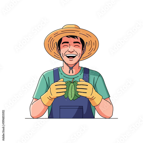 Joyful farmer in straw hat holding fresh green leaves, celebrating successful harvest