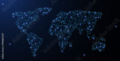 World map. Polygonal wireframe mesh looks like constellation on blue night sky with dots, stars. Travel, internet, Earth or other concept illustration or background