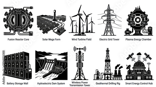 Energy Sources and Systems Icons: Renewable, Futuristic, and Traditional