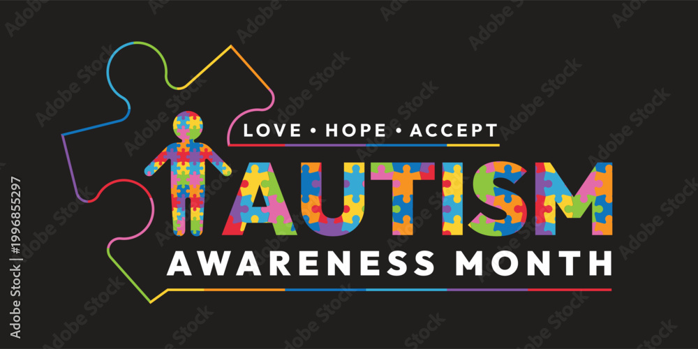 Fototapeta premium Autism Awareness Month, Love Hope Accept text and human sign with colorful puzzle texture in line jigsaw frame on black background vector design