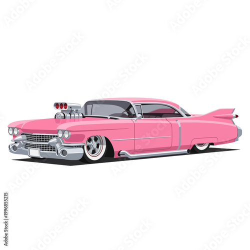 Pink Custom Classic Car Illustration with Blower Engine and Chrome Accents