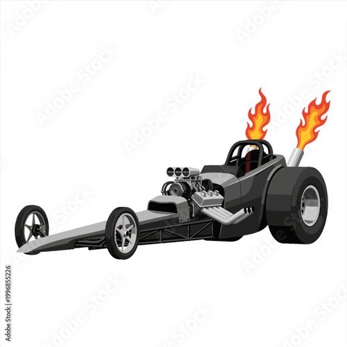 Powerful dragster race car with fiery exhaust, isolated vector illustration