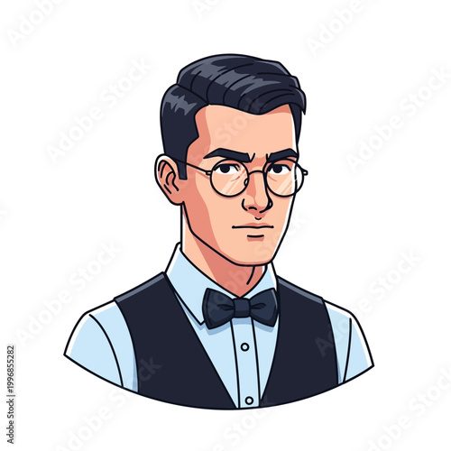 Professional Man Illustration with Glasses, Vest, and Bow Tie