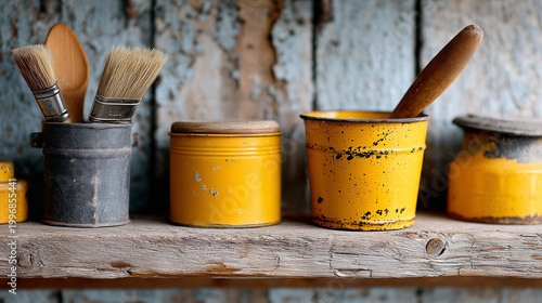 Vintage paint cans and brushes on a weathered wooden shelf against a distressed wooden wall - charming shabby chic workshop aesthetic.