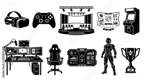 Gaming Equipment and eSports Icons in Black and White Glyph Style