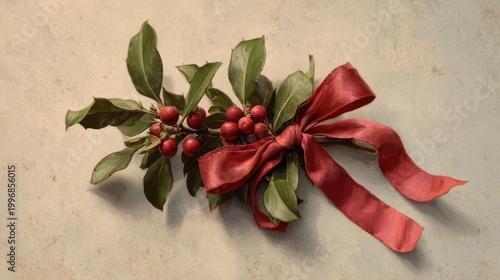 74.Small bundle of mistletoe and holly tied neatly with a soft red bow, subtle shading and gentle color transitions creating a lightly aged, timeless appearance.