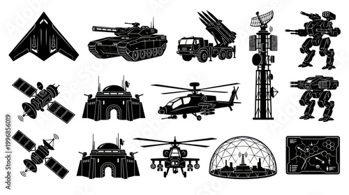 Military Technology Icons: Aircraft, Vehicles, Robots, Satellites, BW