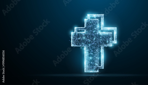 Cross. Polygonal wireframe jesus christ cross on blue night sky with dots, stars. Christianity, religion symbol, illustration or background