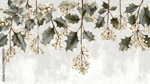 75.Elegant cluster of holly leaves and mistletoe sprigs hanging upside down, muted tones and soft gradients giving a refined vintage charm.
