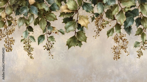 75.Elegant cluster of holly leaves and mistletoe sprigs hanging upside down, muted tones and soft gradients giving a refined vintage charm.