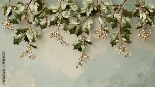 75.Elegant cluster of holly leaves and mistletoe sprigs hanging upside down, muted tones and soft gradients giving a refined vintage charm.