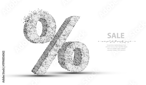 Percent sign. Low poly wireframe mesh with crumbled edge. Sale, discount, finance symbol. Concept illustration or background. Easy modify crumbling
