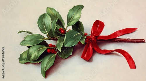 76.Delicate botanical bundle featuring smooth green mistletoe leaves and red holly berries, tied with a simple red ribbon, classic rendering with graceful shading.