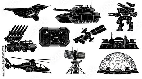 Military Technology Icons: Jet, Tank, Mech, Helicopter, Radar, Satellite, Dome