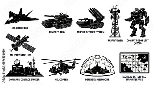Military Technology Icons: Stealth Drone, Tank, Radar, Mech, Map