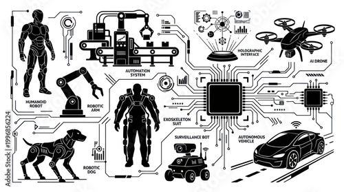 Futuristic Technology Concepts: Robotics, AI, and Automation in Black and White