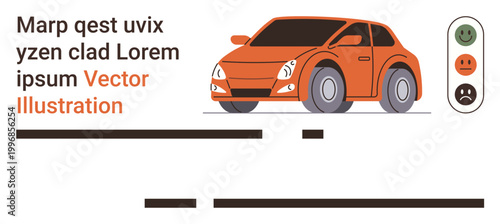 Automotive design, customer feedback, survey analysis, user experience, performance evaluation, rating systems. Orange car illustration with feedback icons. Automotive design and customer feedback