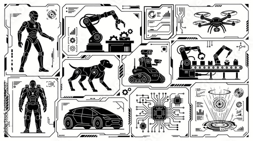 Black and White Technology Icons: Robots, Drones, and AI