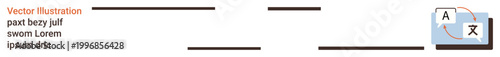 Language translation, communication, technology, text processing, linguistic services, workflow management. A translation icon alongside text segments. Language translation and communication concept