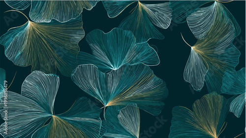 Abstract pattern featuring teal and white fan shapes with golden highlights on a dark teal background. Fan-shaped lines seamless pattern with golden accents