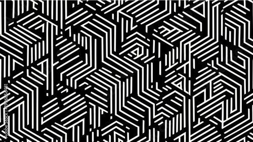 Abstract stripped pattern creating intricate three dimensional geometric shapes and optical illusion. Isometric black and white striped geometric pattern creating abstract maze